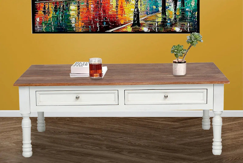 Mango Wood Adak Stylish Coffee Table with Drawer for Living Room | Center Table for Home | Brown & White Finish 