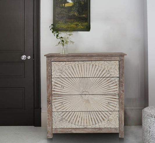 Hand-Carved Solid Mango Wood Chest of Drawers – Rustic Wooden Storage Cabinet with 4 Spacious Drawers for Bedroom, Living Room, or Hallway