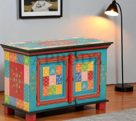 Wooden Handpainted Cabinet with Door Storage for Living Room (Multicolor)