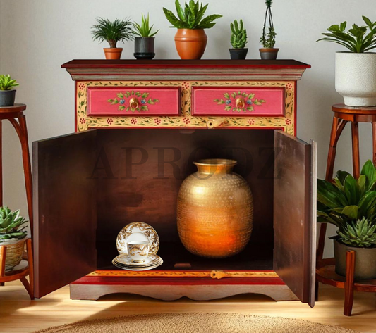 Wooden Handpainted Storage Cabinet with Door and Drawer Storage (Multicolor)