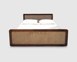 King & Queen Size Sheesham Wood Bed with Cane Panels Walnut Brown Finish 
