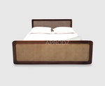 King & Queen Size Sheesham Wood Bed with Cane Panels Walnut Brown Finish 