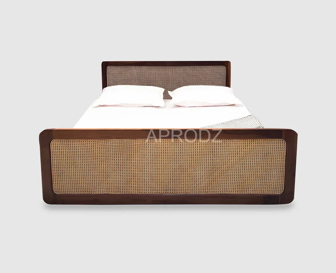 King & Queen Size Sheesham Wood Bed with Cane Panels Walnut Brown Finish