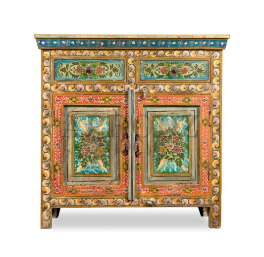 Wooden Handpainted Antique Cabinet with Door and Drawer Storage for Living Room (Multicolor)