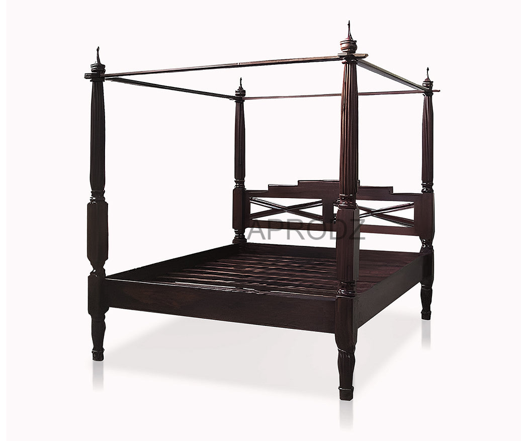 Sheesham Wood Canopy Bed Frame with White Curtains, King & Queen Size Available, Dark Brown 
