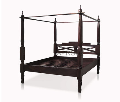 Sheesham Wood Canopy Bed Frame with White Curtains, King & Queen Size Available, Dark Brown 
