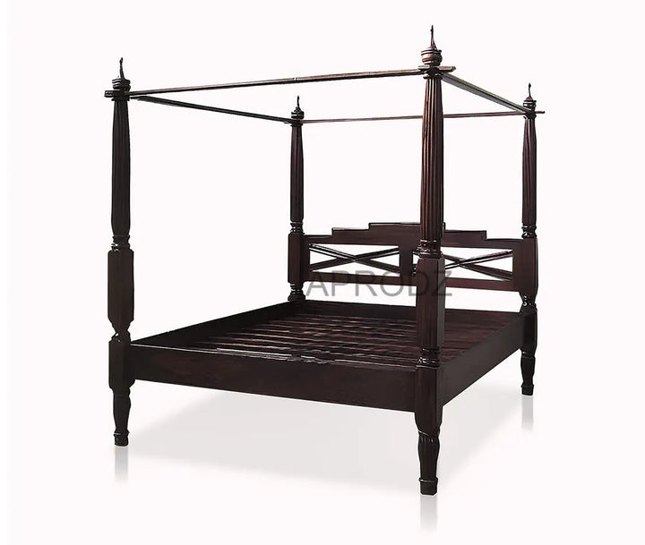 Translation missing: en.Sheesham Wood Canopy Bed Frame with White Curtains, King &amp; Queen Size Available, Dark Brown 