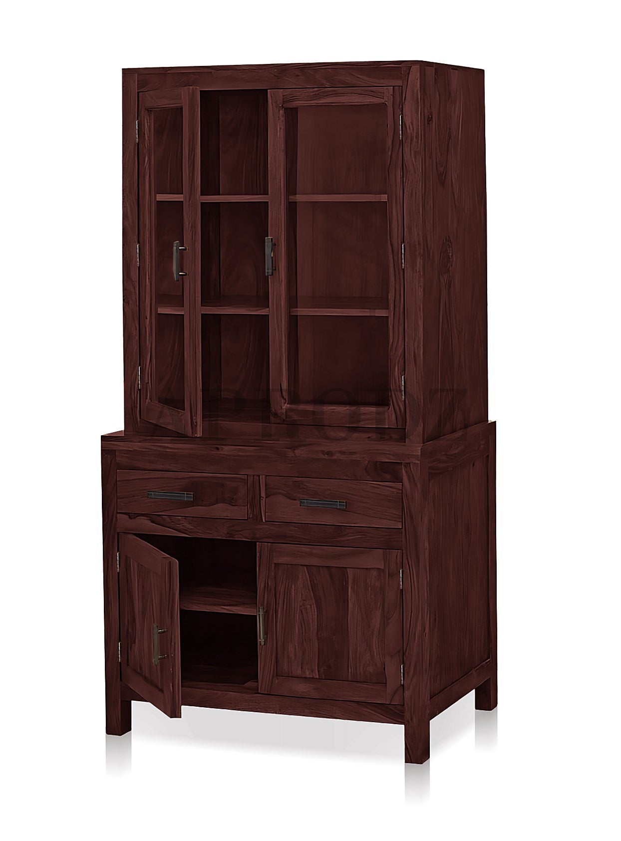 Glass Door Cabinet | 2 Drawers 3 Shelves Sheesham Wood Storage Organizer | Durable Stylish Wooden Furniture | Elegant Design Home Decor Compact Multifunctional