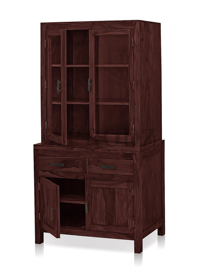 Glass Door Cabinet | 2 Drawers 3 Shelves Sheesham Wood Storage Organizer | Durable Stylish Wooden Furniture | Elegant Design Home Decor Compact Multifunctional