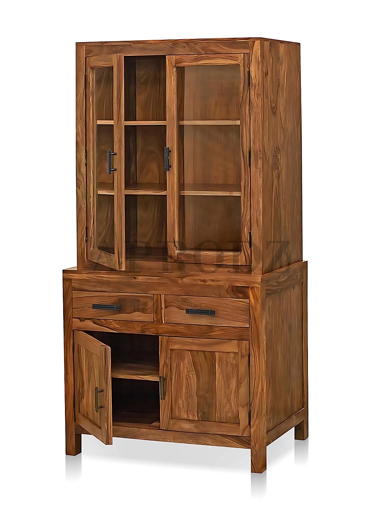 Glass Door Cabinet | 2 Drawers 3 Shelves Sheesham Wood Storage Organizer | Durable Stylish Wooden Furniture | Elegant Design Home Decor Compact Multifunctional