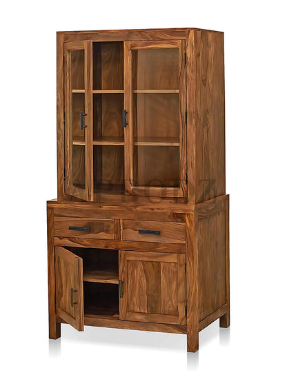 Glass Door Cabinet | 2 Drawers 3 Shelves Sheesham Wood Storage Organizer | Durable Stylish Wooden Furniture | Elegant Design Home Decor Compact Multifunctional
