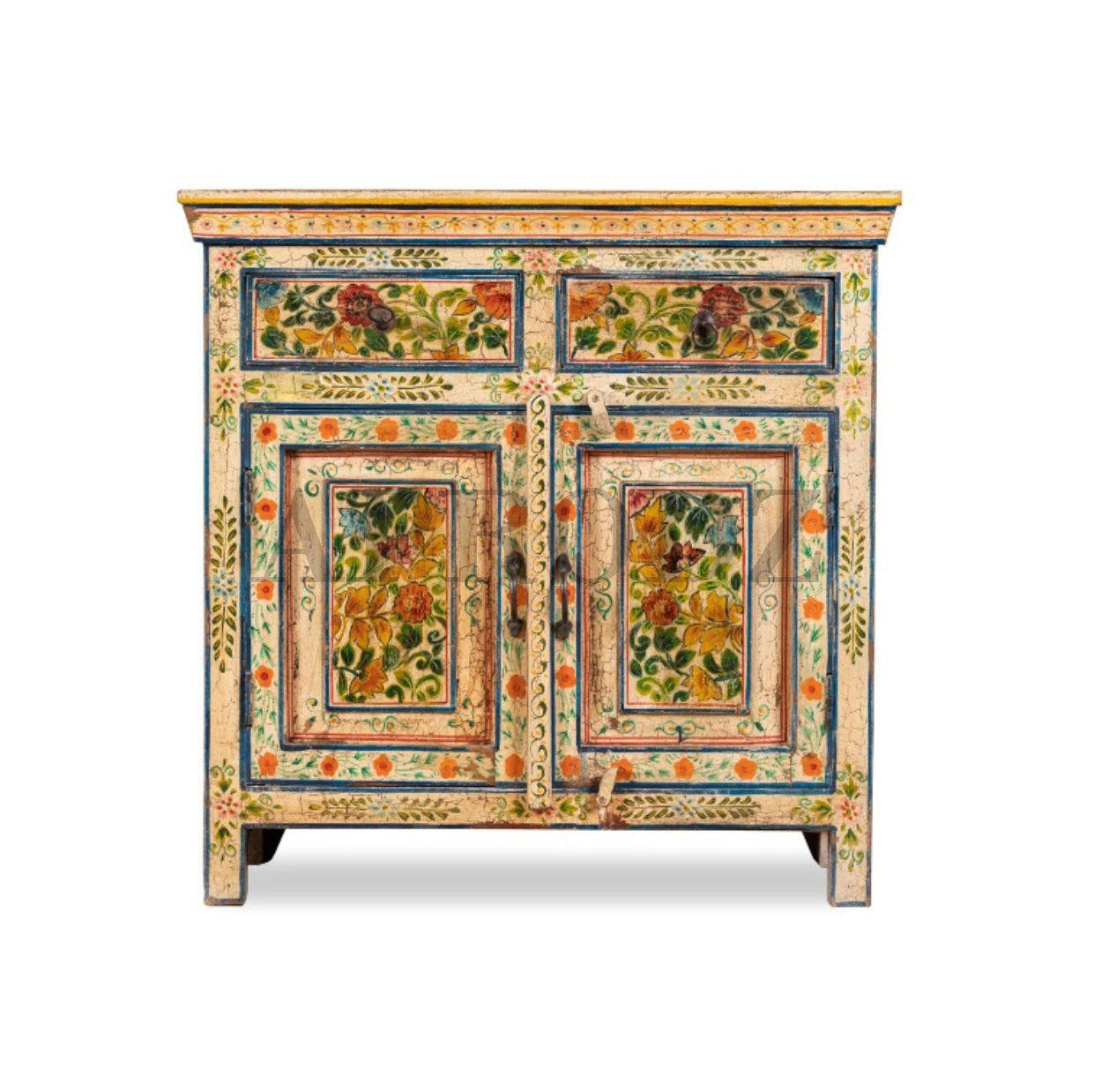 Wooden Handpainted Antique Cabinet with Door & Drawer Storage for Living Room (Multicolor)