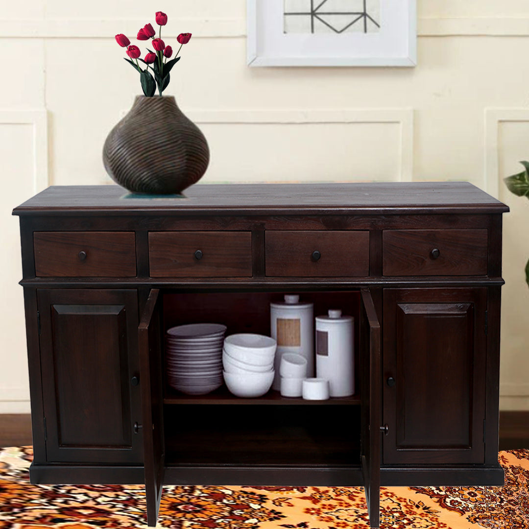 Solid Teak Wood Sideboard Cabinet with Two Spacious Drawers & Storage Shelves – Handcrafted Wooden Console Table for Living Room, Dining Room or Entryway 