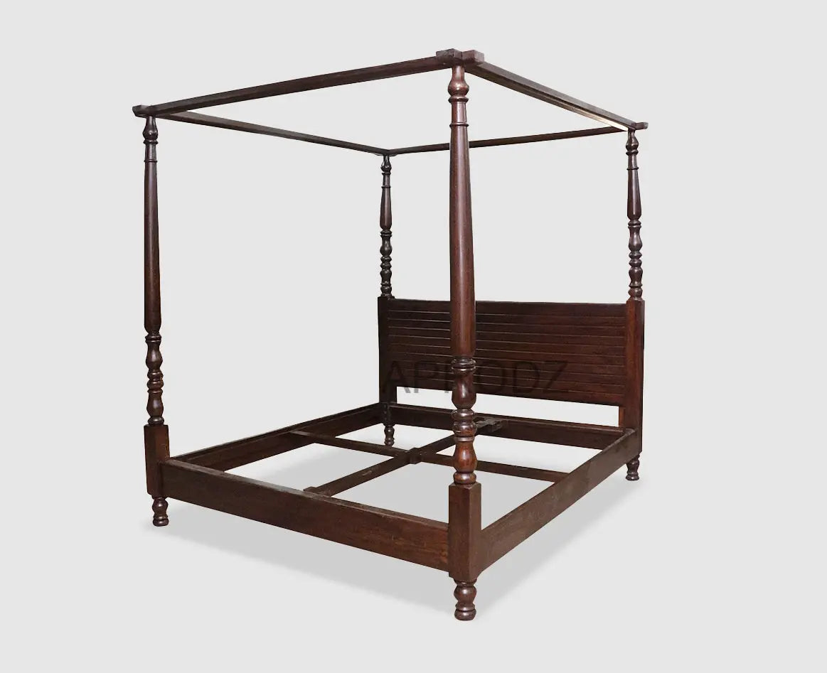 Sheesham Wood Four Poster Bed – King & Queen Size Wooden Bed, Dark Brown Finish 