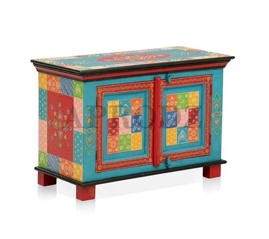Wooden Handpainted Cabinet with Door Storage for Living Room (Multicolor)