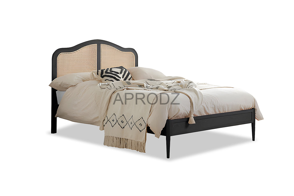 Rattan Cane Bed with Headboard, King Size & Queen Size Sheesham Wood Frame, Black 