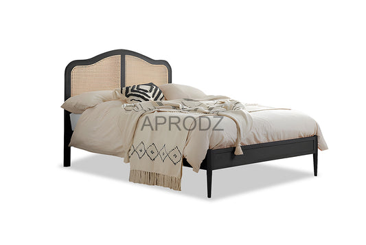 Rattan Cane Bed with Headboard, King Size & Queen Size Sheesham Wood Frame, Black 