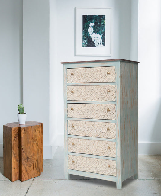 Handcrafted Carved Mango Wood Chest of Drawers with 6 Spacious Storage Drawers – Solid Wood Dresser Cabinet for Bedroom, Living Room & Hallway – Vintage Rustic Finish Visit the APRODZ Store 