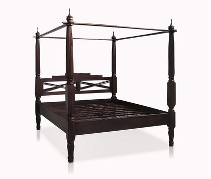 Sheesham Wood Canopy Bed Frame with White Curtains, King & Queen Size Available, Dark Brown 