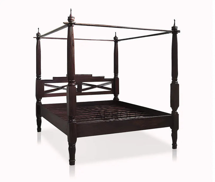 Translation missing: en.Sheesham Wood Canopy Bed Frame with White Curtains, King &amp; Queen Size Available, Dark Brown 