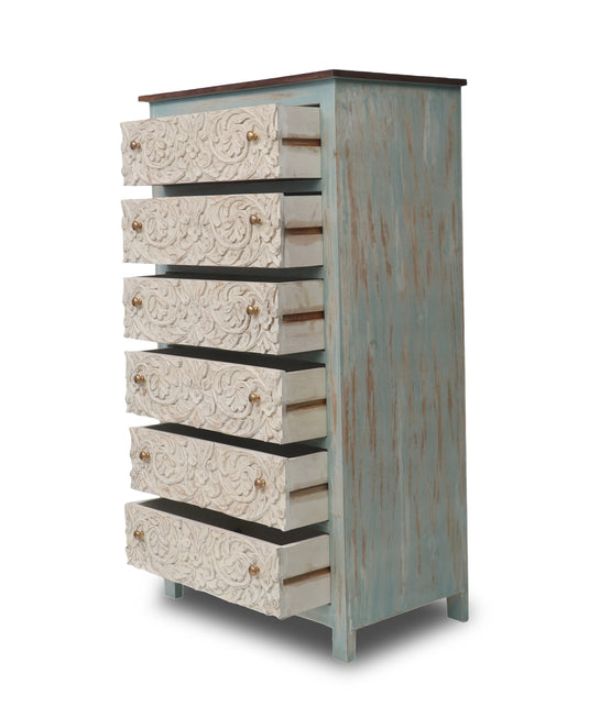 Translation missing: en.Handcrafted Carved Mango Wood Chest of Drawers with 6 Spacious Storage Drawers – Solid Wood Dresser Cabinet for Bedroom, Living Room &amp; Hallway – Vintage Rustic Finish Visit the APRODZ Store 
