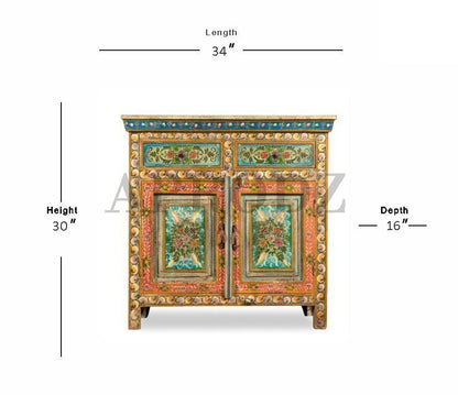 Wooden Handpainted Antique Cabinet with Door and Drawer Storage for Living Room (Multicolor)