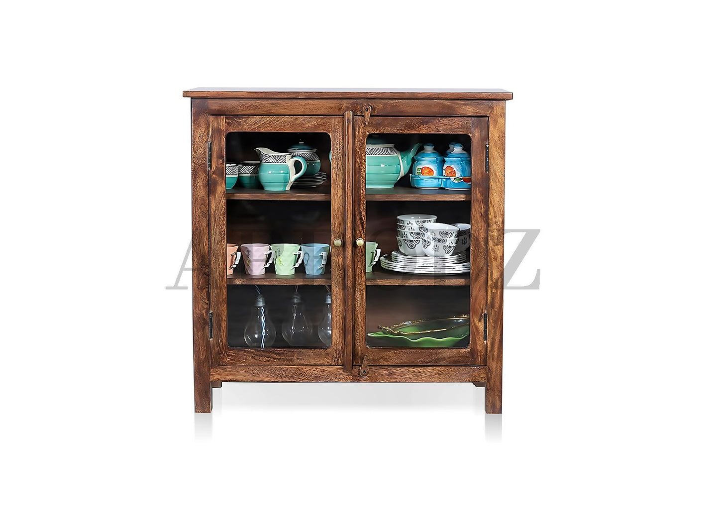 2 Door Cabinet with Wicker Front 2 Shelves | Mango Wood Storage Organizer | Rustic Durable Stylish Wooden Furniture | Compact Design Home Decor
