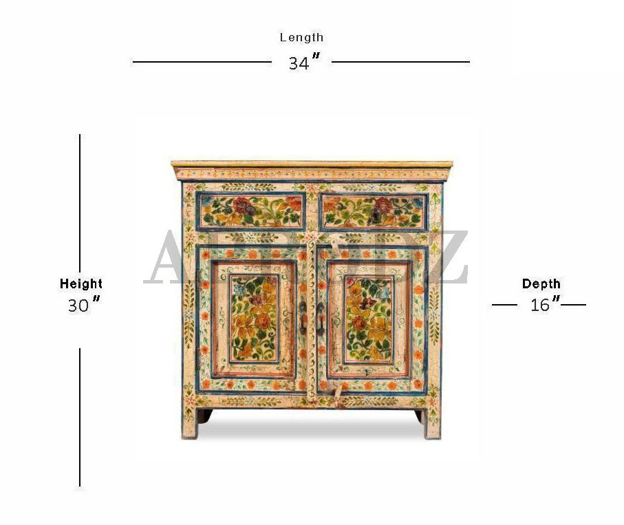 Wooden Handpainted Antique Cabinet with Door & Drawer Storage for Living Room (Multicolor)