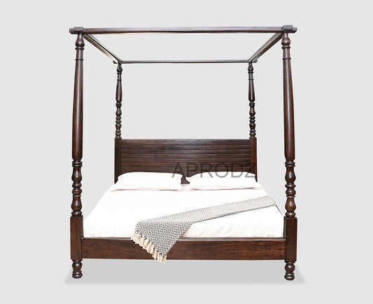 Sheesham Wood Four Poster Bed Frame, Traditional Canopy Design, King & Queen Size, Dark Brown 