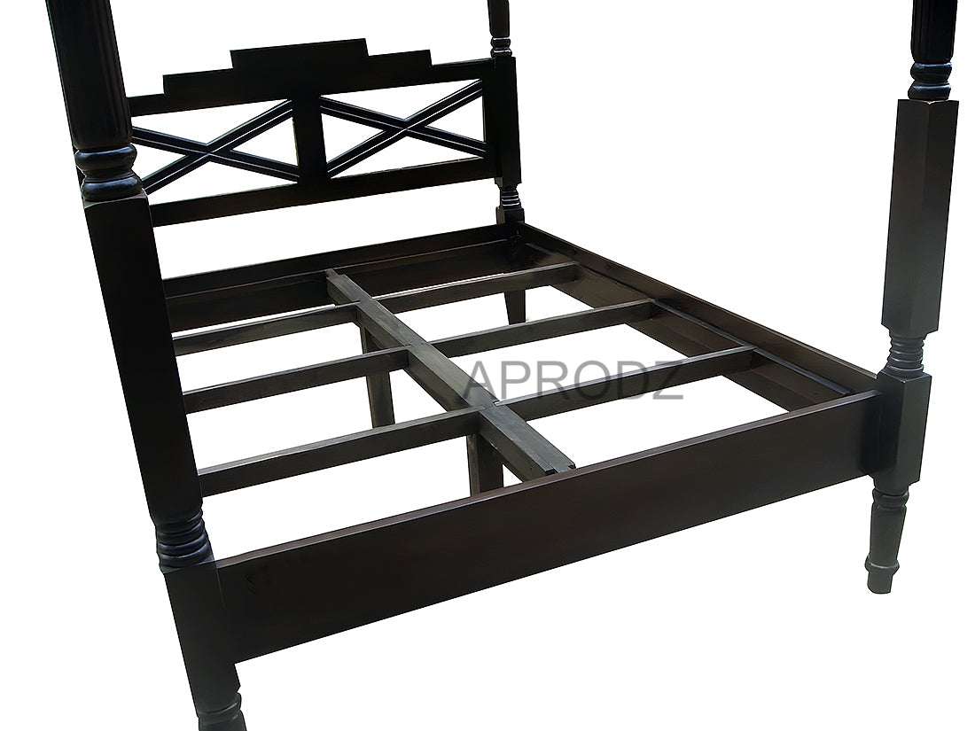 Sheesham Wood Canopy Bed Frame with White Curtains, King & Queen Size Available, Dark Brown 