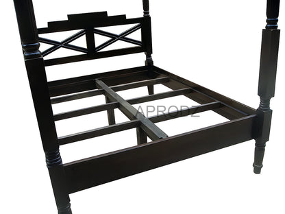 Sheesham Wood Canopy Bed Frame with White Curtains, King & Queen Size Available, Dark Brown 