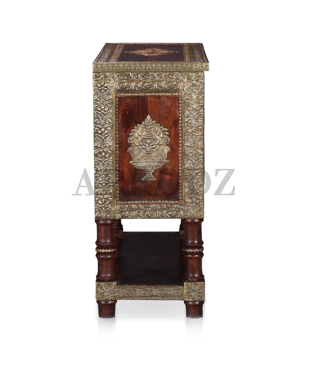 Wooden Brass Fitted Storage Cabinet with Open Self Storage (Multicolor)