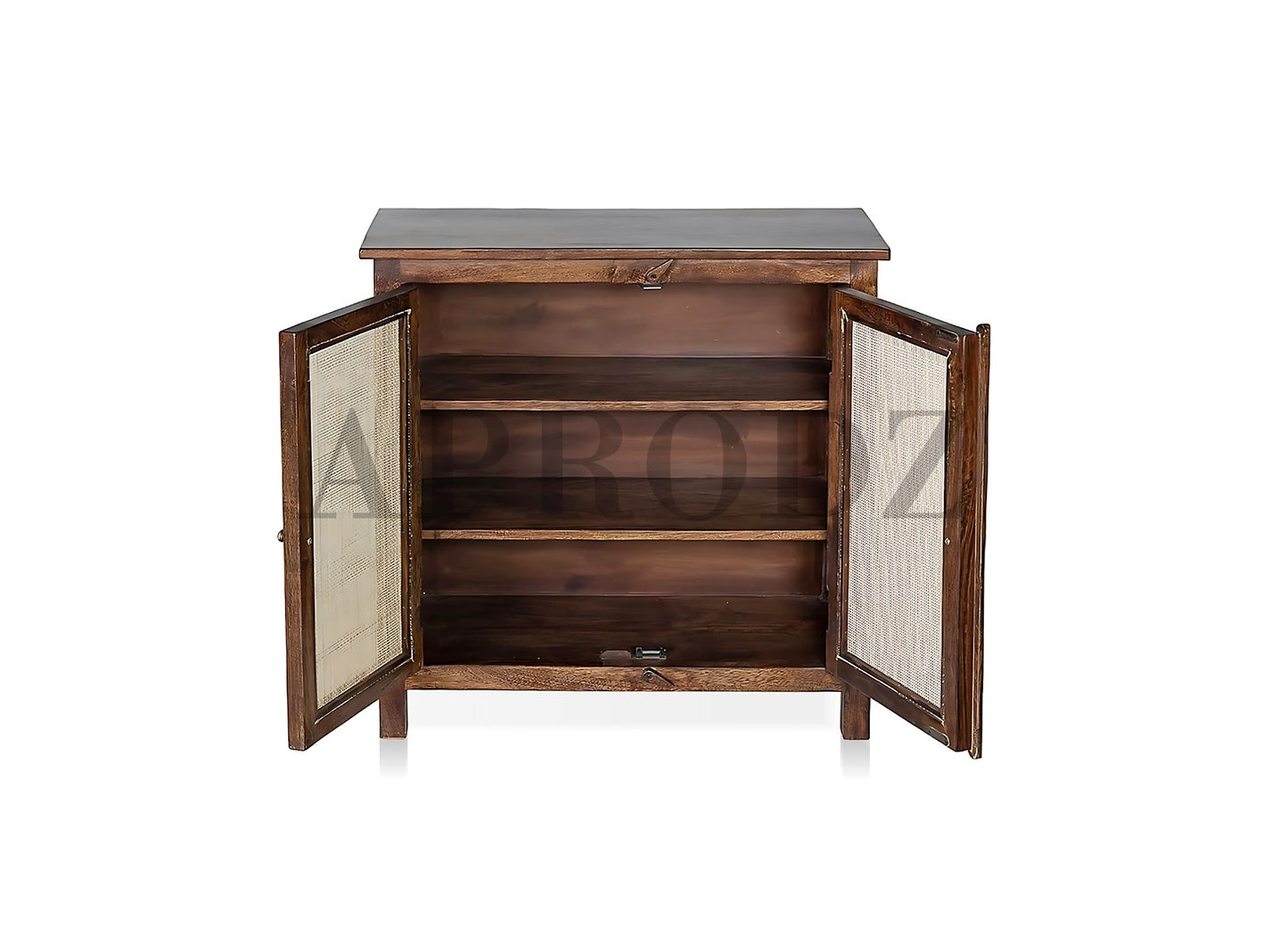 2 Door Cabinet with Wicker Front 2 Shelves | Mango Wood Storage Organizer | Rustic Durable Stylish Wooden Furniture | Compact Design Home Decor