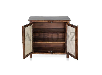 2 Door Cabinet with Wicker Front 2 Shelves | Mango Wood Storage Organizer | Rustic Durable Stylish Wooden Furniture | Compact Design Home Decor