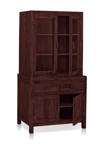 Glass Door Cabinet | 2 Drawers 3 Shelves Sheesham Wood Storage Organizer | Durable Stylish Wooden Furniture | Elegant Design Home Decor Compact Multifunctional