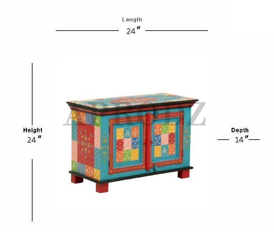 Wooden Handpainted Cabinet with Door Storage for Living Room (Multicolor)
