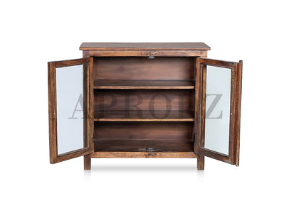 2 Door Cabinet with Wicker Front 2 Shelves | Mango Wood Storage Organizer | Rustic Durable Stylish Wooden Furniture | Compact Design Home Decor