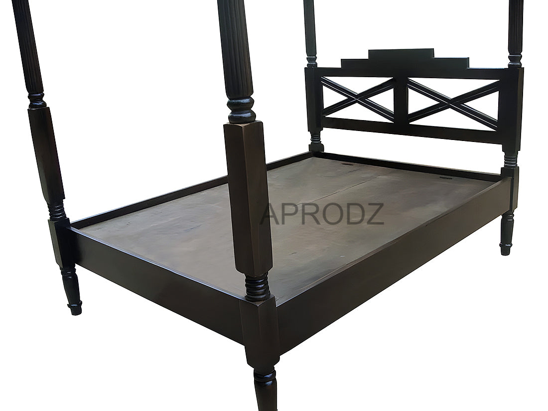 Sheesham Wood Canopy Bed Frame with White Curtains, King & Queen Size Available, Dark Brown 