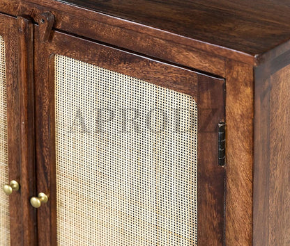 2 Door Cabinet with Wicker Front 2 Shelves | Mango Wood Storage Organizer | Rustic Durable Stylish Wooden Furniture | Compact Design Home Decor