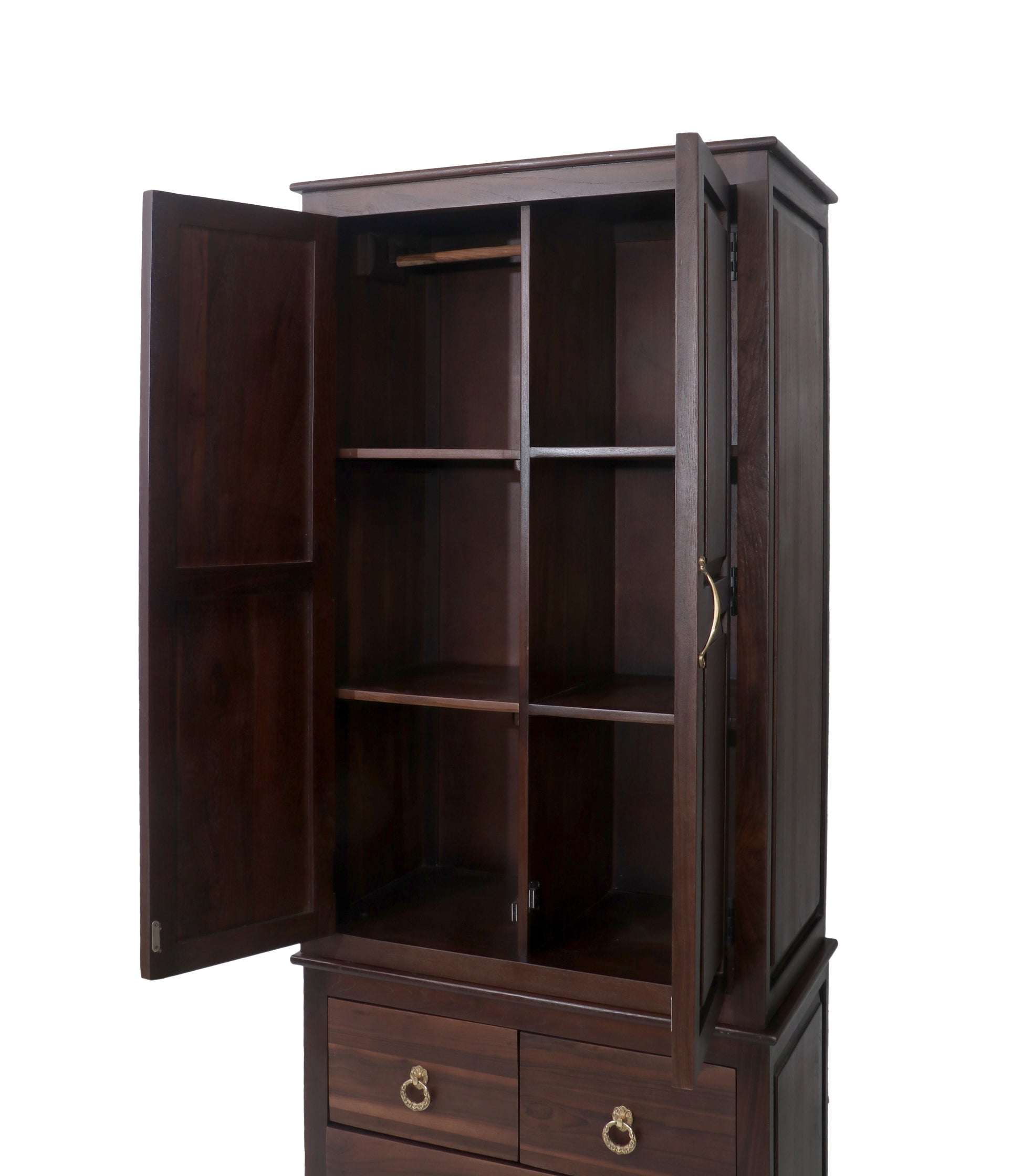 Solid Teak Wood 2-Door Wardrobe with Hanging Rod and Shelves | Premium Wooden Almirah for Bedroom | Natural Finish | Durable & Spacious Storage Cabinet 