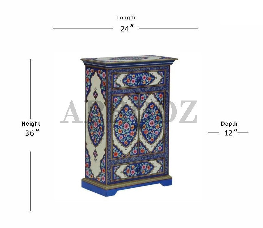 Wooden Handpainted Cabinet with Door and Drawer Storage for Living Room (Multicolor)