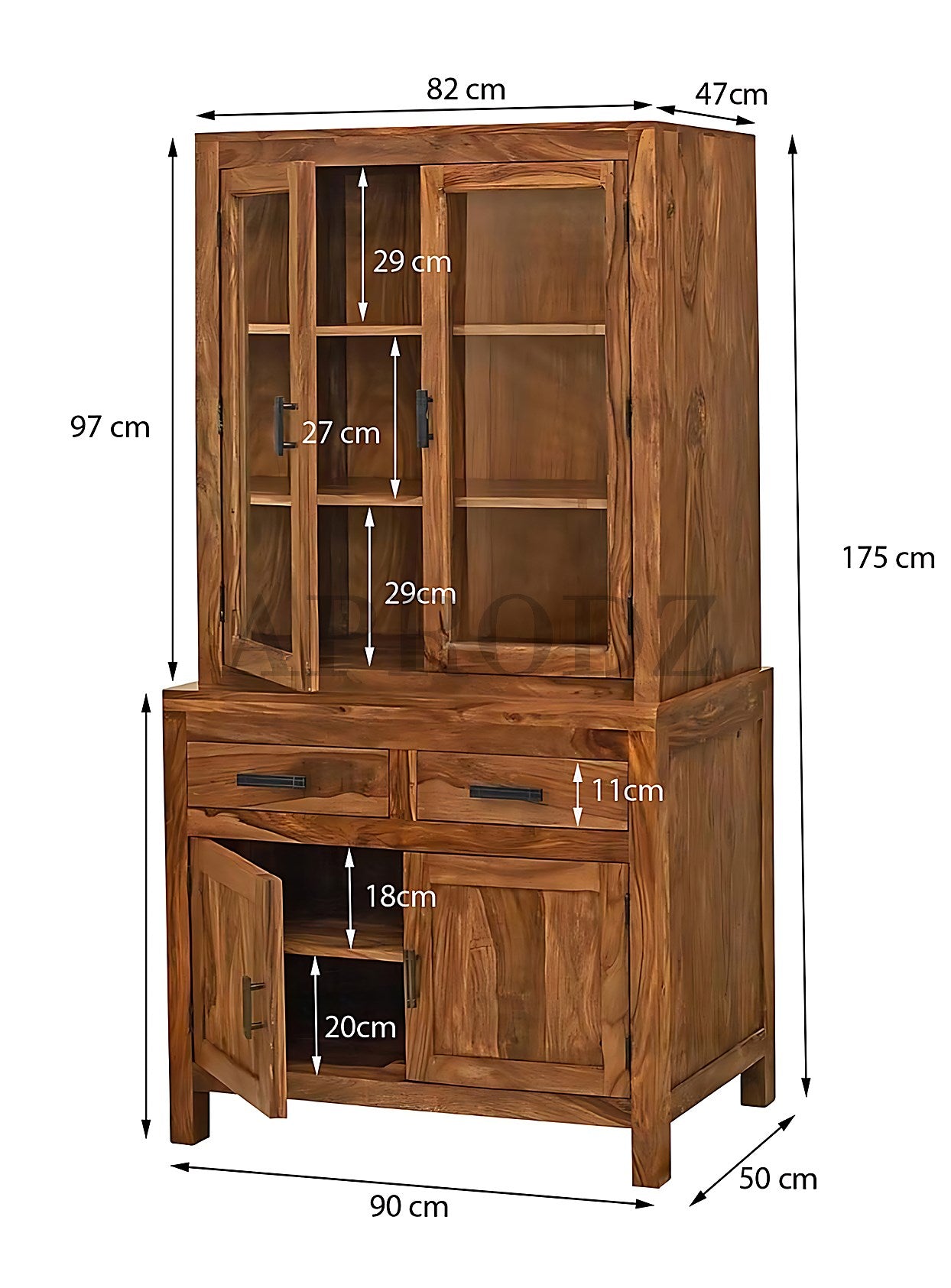 Glass Door Cabinet | 2 Drawers 3 Shelves Sheesham Wood Storage Organizer | Durable Stylish Wooden Furniture | Elegant Design Home Decor Compact Multifunctional
