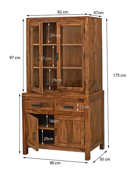 Glass Door Cabinet | 2 Drawers 3 Shelves Sheesham Wood Storage Organizer | Durable Stylish Wooden Furniture | Elegant Design Home Decor Compact Multifunctional