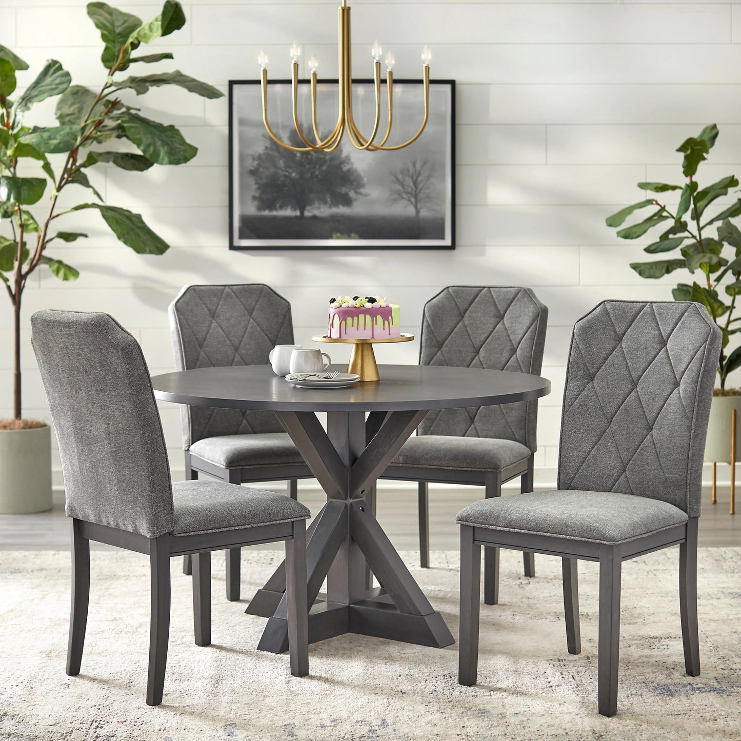 Hrith Round Mango Wood And Upholstered 4 Seater Dining Table Set | Grey + Light Grey Fabric Finish 