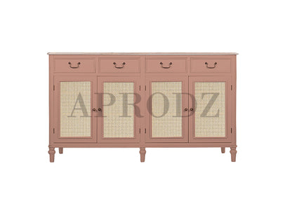 Cabinet with Cane | Front 4 Drawers 2 Shelves | Mango Wood Storage Organizer Rustic Durable Stylish Wooden Furniture Compact Design Home Decor