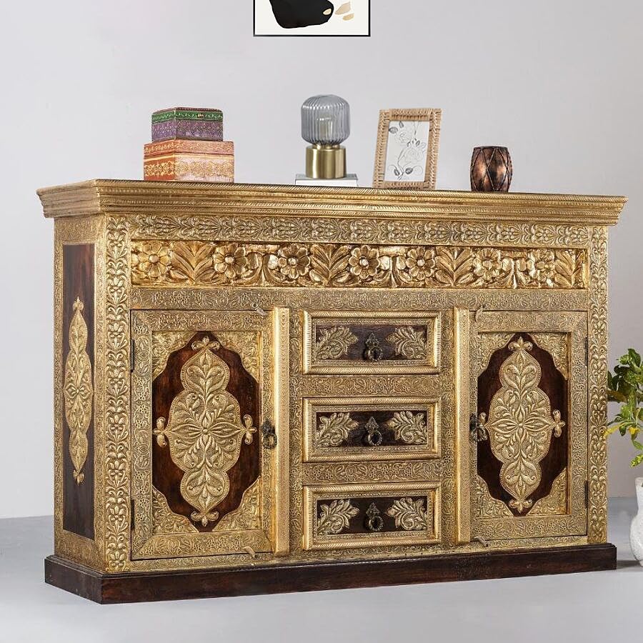 Wooden Brass Fitted Multipurpose Sideboard Storage Cabinet for Home (Multicolor)