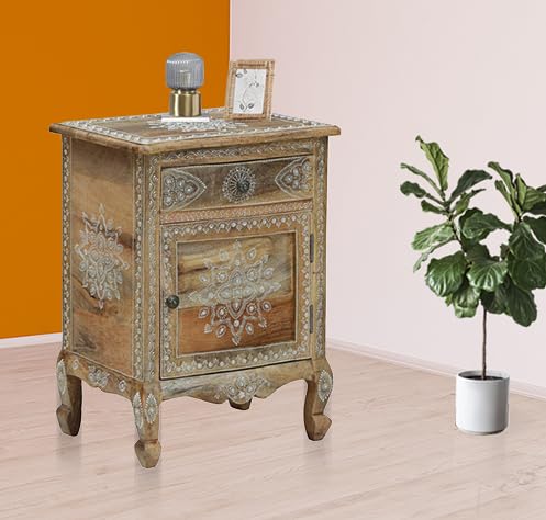 Wooden Handpainted Side Table with Door & Drawer Storage Portable Bedside End Table (Multicolor)