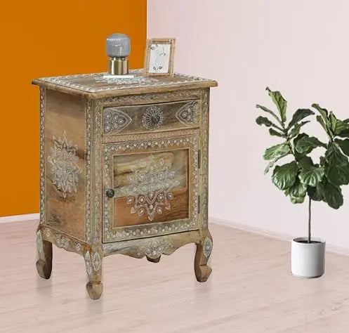 Wooden Handpainted Side Table with Door & Drawer Storage Portable Bedside End Table (Multicolor) 