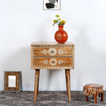 Wooden Handpainted Side Table with Drawer Storage Portable Bedside End Table (Natural) 