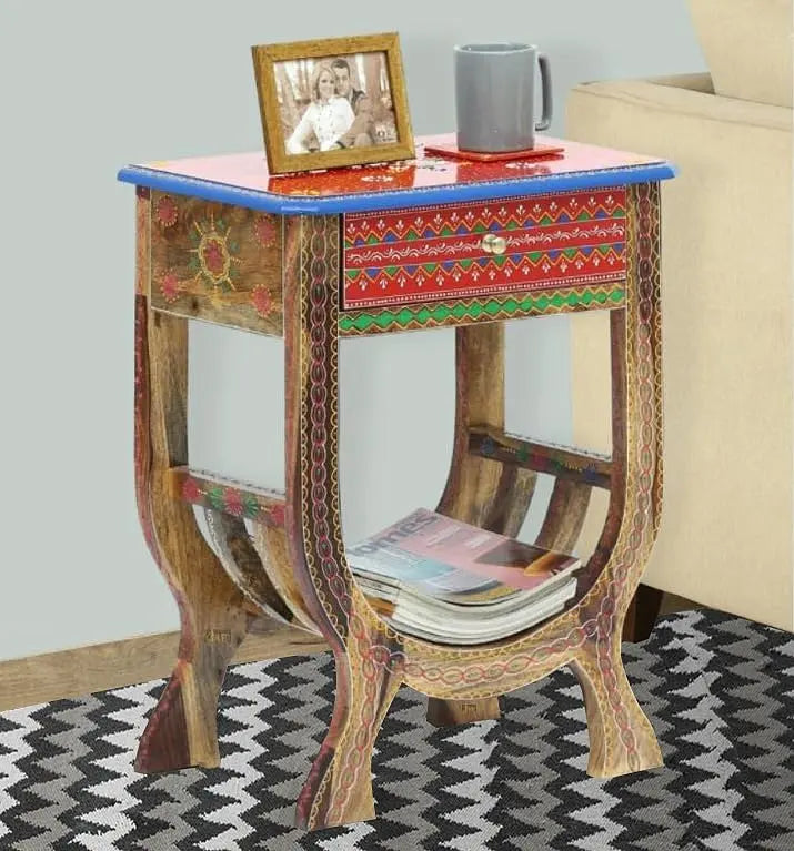 Wooden Handpainted Side Table with Drawer Storage Portable Bedside End Table (Multicolor) 